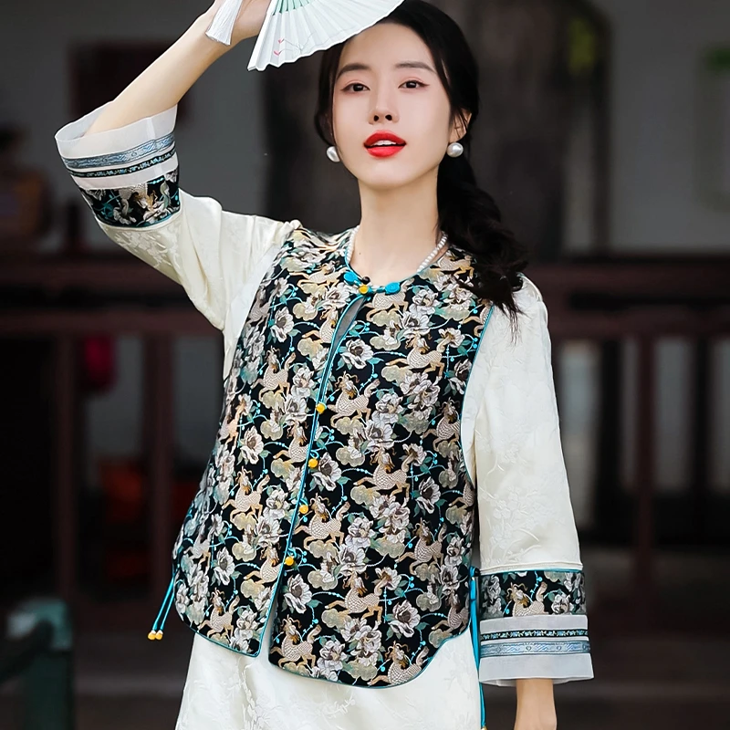 复古日记麒麟颂“100桑蚕丝新中式双面穿时尚夏季女士马夹242E5331