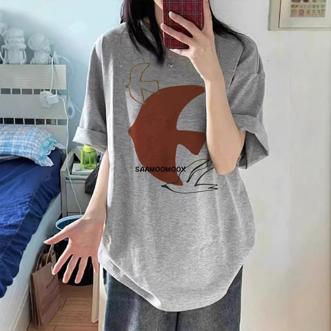 国潮牌花灰色小鸟印花短袖T恤ins女小众夏季圆领中长款爆款上衣服