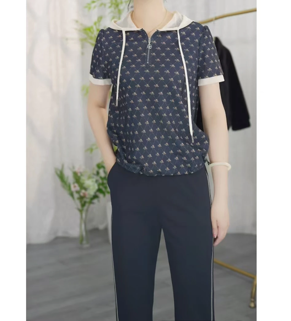 CF705 新款夏装洋气连帽短袖印花t恤上衣运动两件套