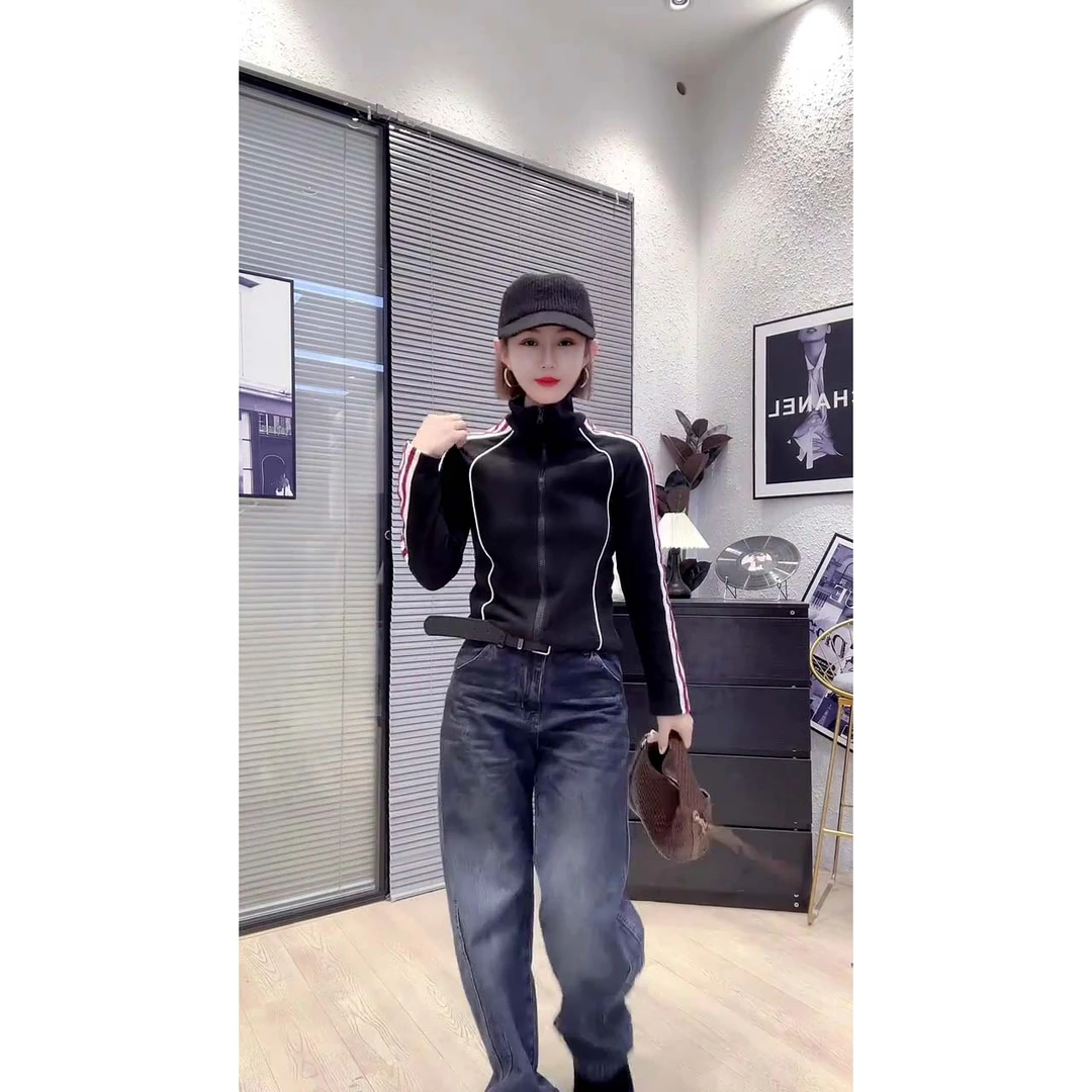 欧货新款时尚洋气百搭拼接条纹立领拉链长袖短外套