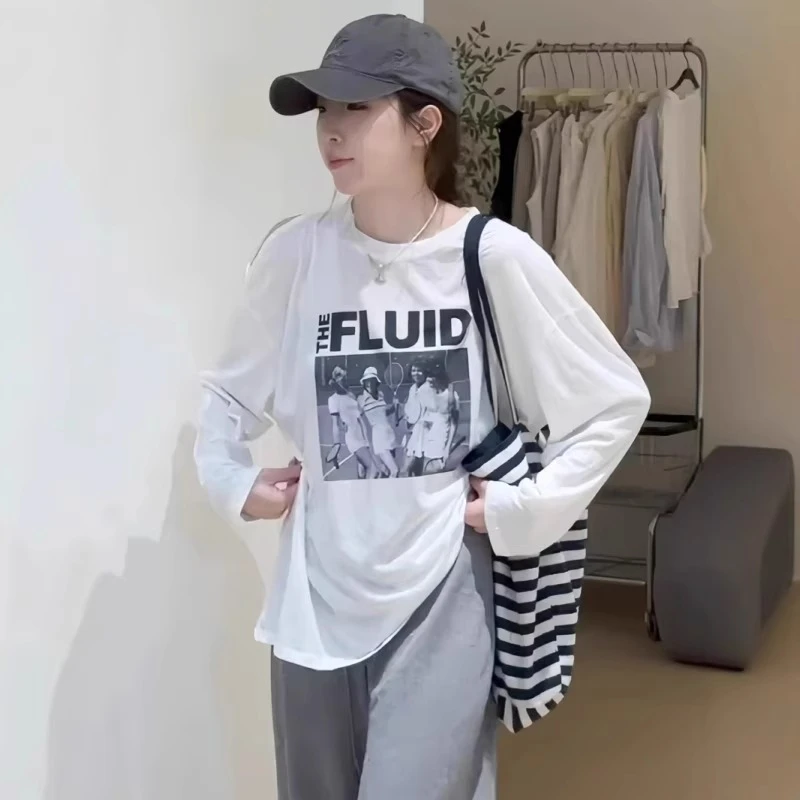 芯娇晴白色露肩长袖t恤女2025新款爆款夏季薄款宽松防晒罩衫上衣