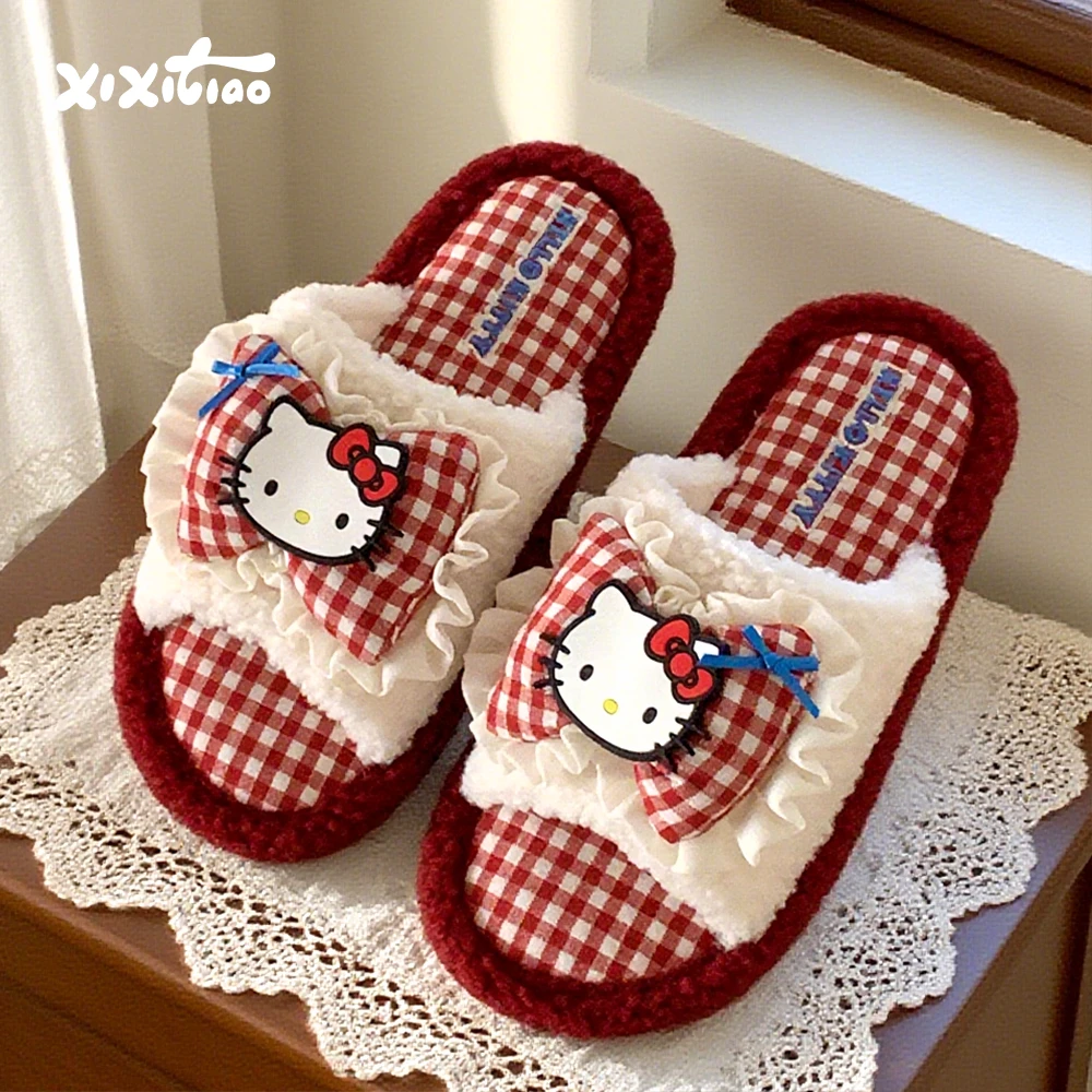 细细条 网红可爱HelloKitty一字棉拖鞋女冬居家地板防滑毛毛拖鞋