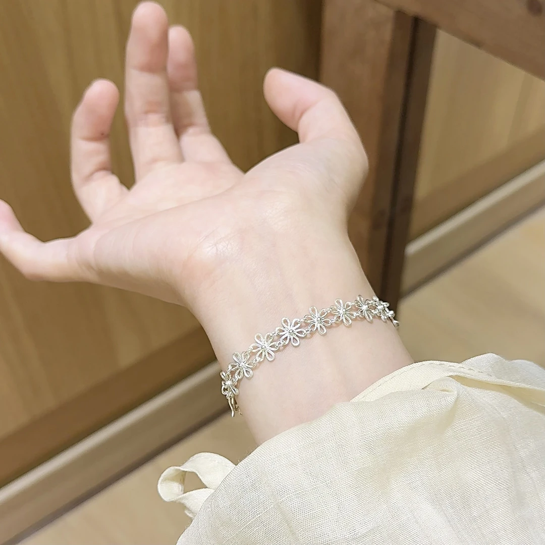 足银手链 小花  银奶奶足银新中式精致百搭镂空蕾丝花边银手链