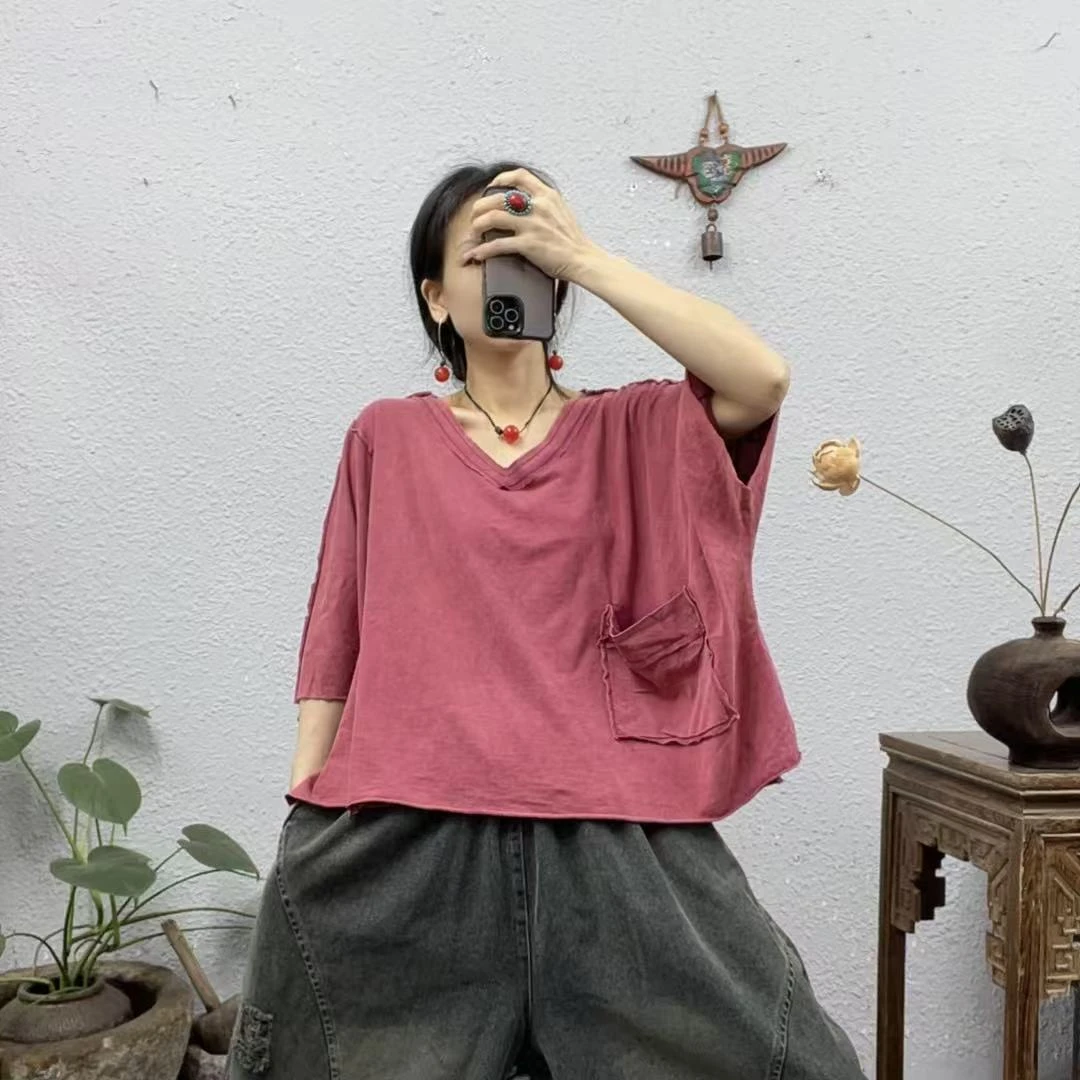 5390外走线V领右下摆口袋大版炒色棉质上衣（前56后60胸围160