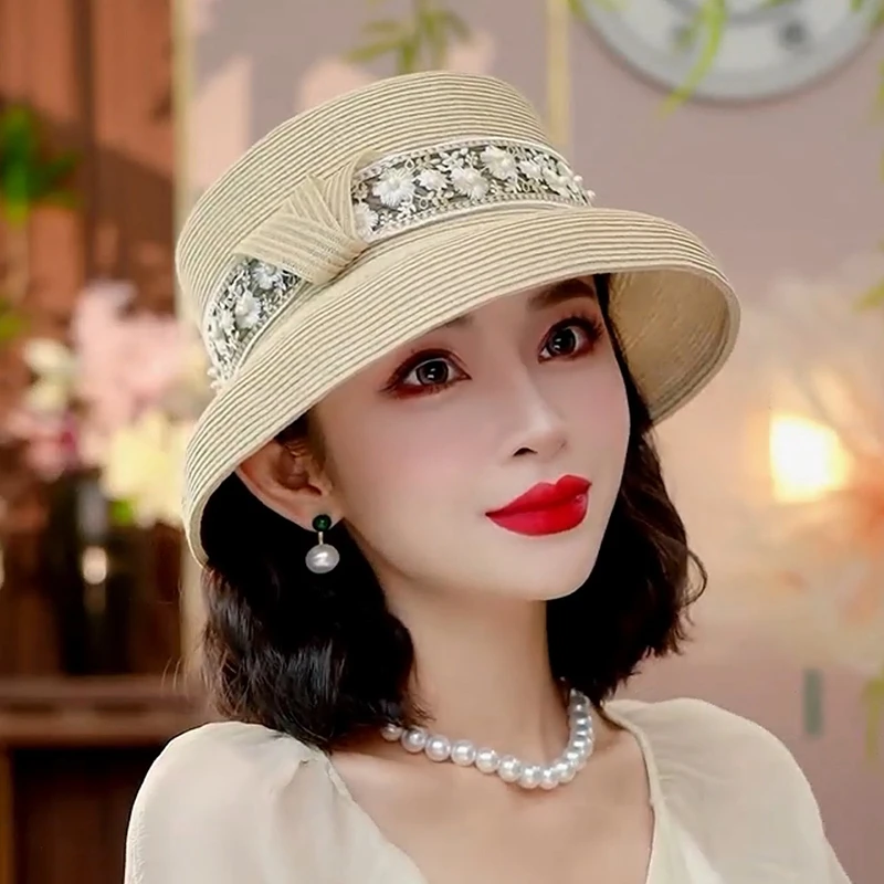 布塔赫本风草帽时尚百搭珍珠小香风遮阳帽海边太阳帽百搭PT1293