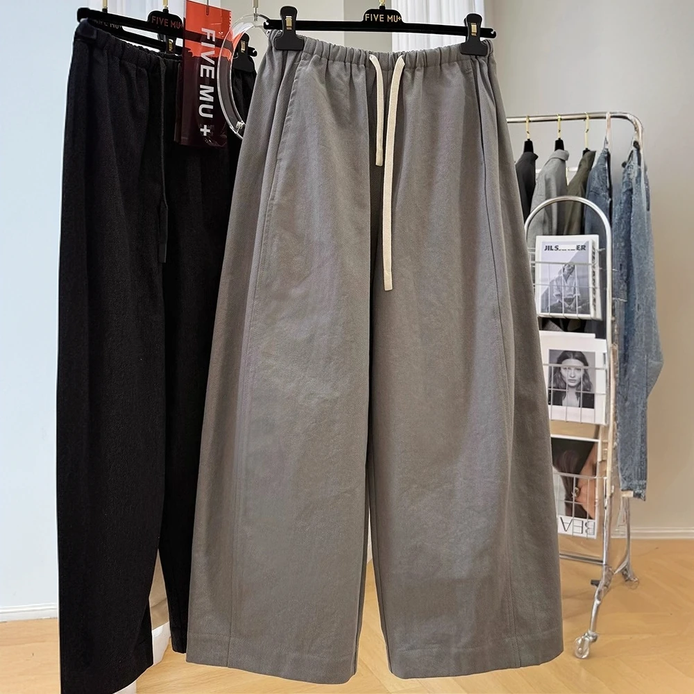 韩系超好看裤子宽松bf慵懒风松紧腰工装休闲裤女春季阔腿裤九分裤