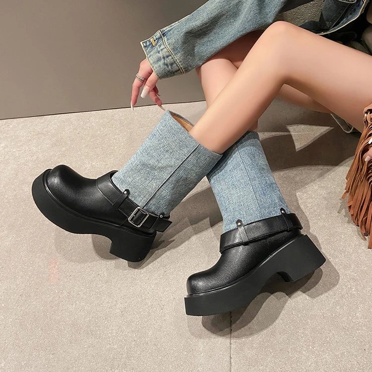 时装靴2025年冬季时尚松糕底皮带扣纯色时装靴时装靴短筒