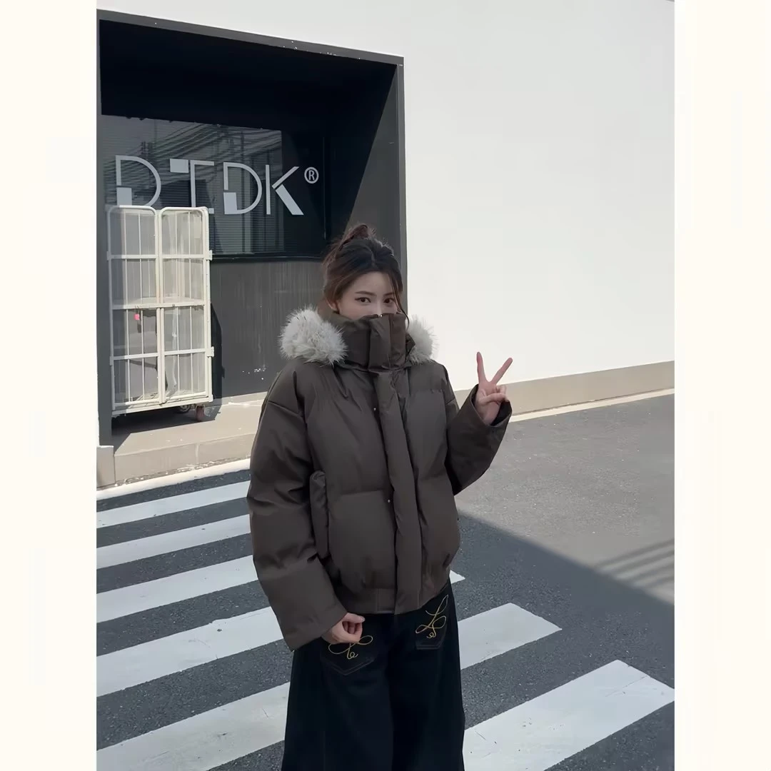 WIND BLOWS美式高街短款可拆卸连帽毛领立领皮棉服加厚保暖