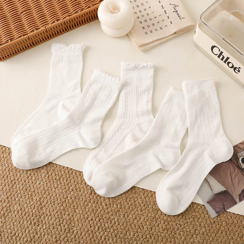 一体机娟感小白袜女袜小白袜无骨袜女士超薄花边袜子中筒袜精梳棉