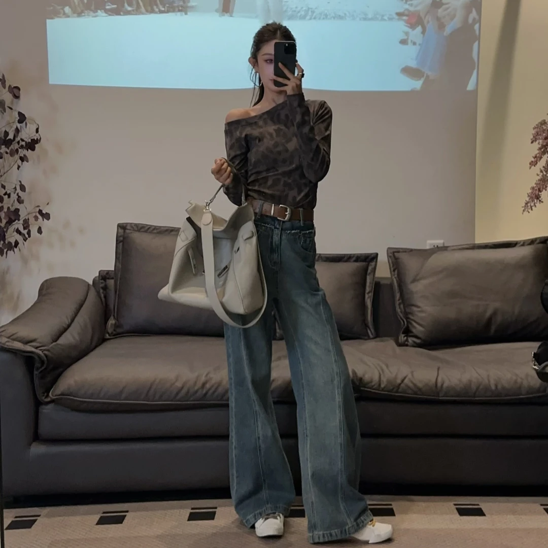 K9056珍珍家 气质休闲复古高腰阔腿牛仔裤