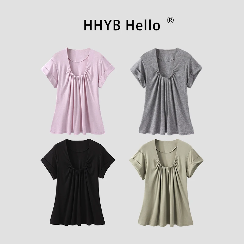 HHYB Hello2025新款宽松舒适褶皱U领正肩短袖T恤上衣女250741