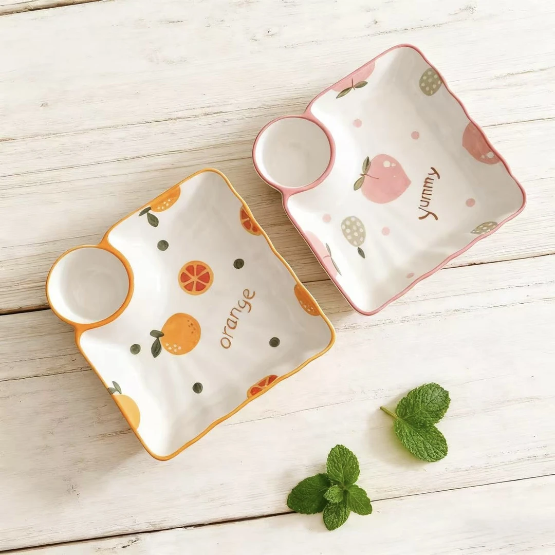 饺子盘带醋碟创意卡通可爱水果陶瓷菜盘子家用分格日式餐具方形盘