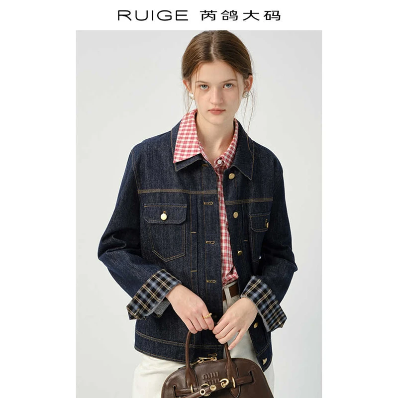 芮鸽微胖定制格纹宽松水洗牛仔衬衫外套女2025春季复古胖mm短外套