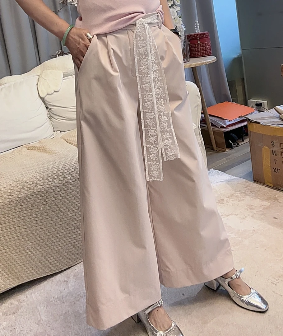 M52B017慕之淇含棉蕾丝直筒高腰显瘦垂坠感慵懒风休闲裤