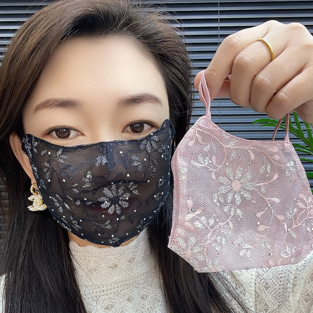 夏季花儿朵朵透气防晒口罩蕾丝刺绣防尘防晒面罩护眼角口罩调节扣