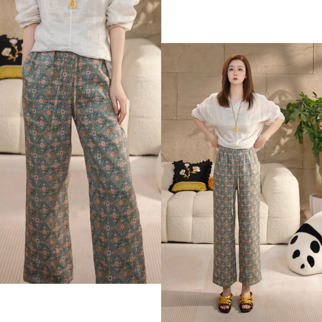 Miss.Z【老钱风印花裤】夏季亚麻印花直筒九分裤#k9115