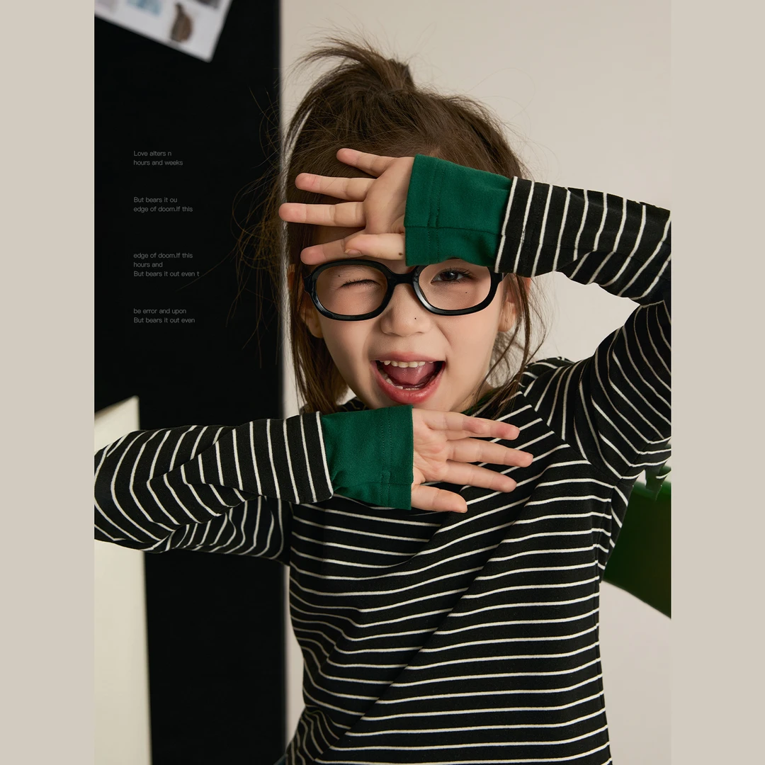 【1+1】秋季女童假两件撞色条纹T恤亲子装儿童内搭上衣8826D