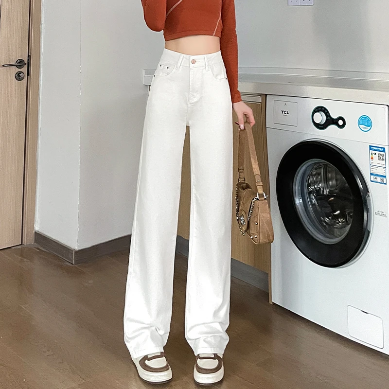 白色阔腿裤牛仔裤女2025春季新款加长三防高腰垂感小个子直筒裤