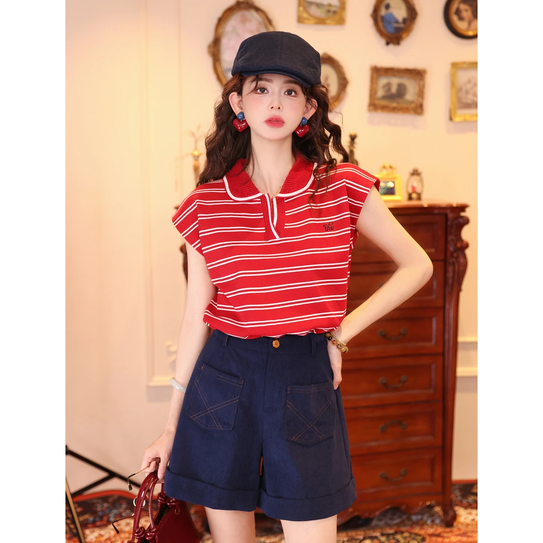 陈大器【草莓可颂】复古港风条纹夏季短袖T恤休闲针织上衣JO1217258