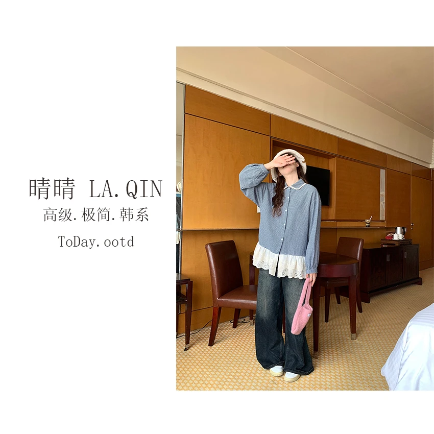 晴晴家-【韩系格子】韩系时尚潮流甜美风翻领格子下摆蕾丝衬衣1126