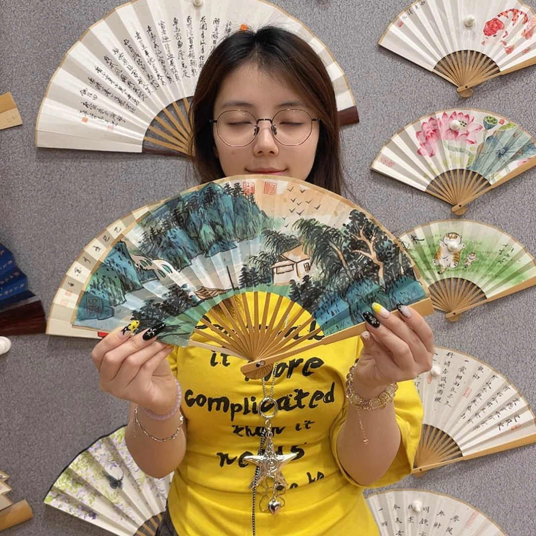 国画6寸玉竹-纯手绘-文玩扇骨（默认粘好）