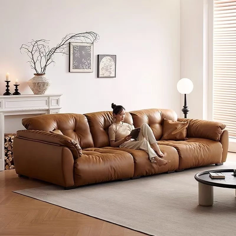 复古风云朵真皮沙发客厅可移动靠背功能沙发中古风油蜡皮大小户型