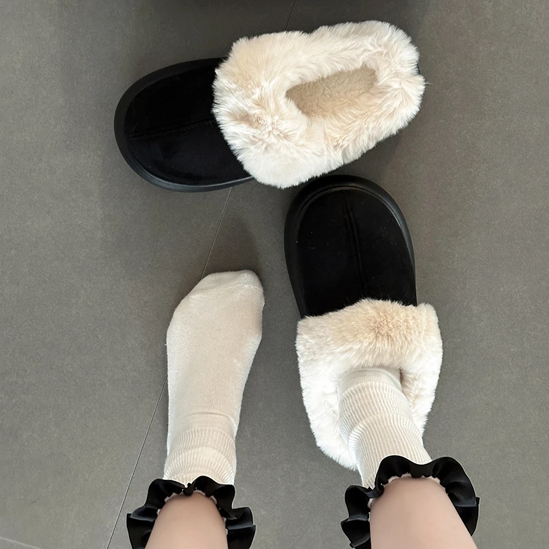 时尚复古百搭厚底增高包头半拖鞋女2025秋冬拼色圆头毛毛拖鞋棉鞋