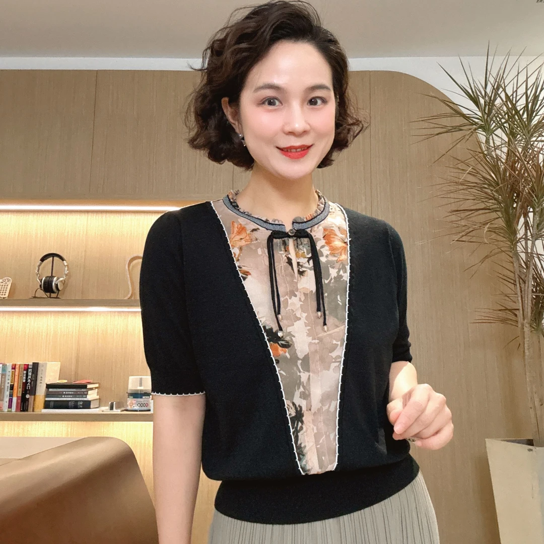 LVMU/吕木短袖国风领针织假两件上衣#DQ2516