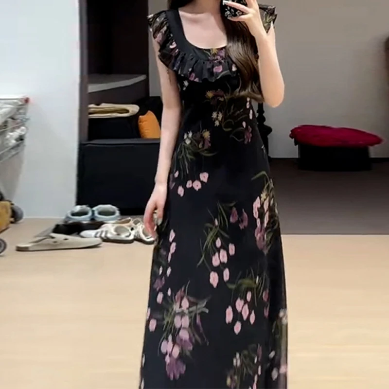 法式高级感黑色吊带碎花连衣裙子女夏季小个子气质长裙1535