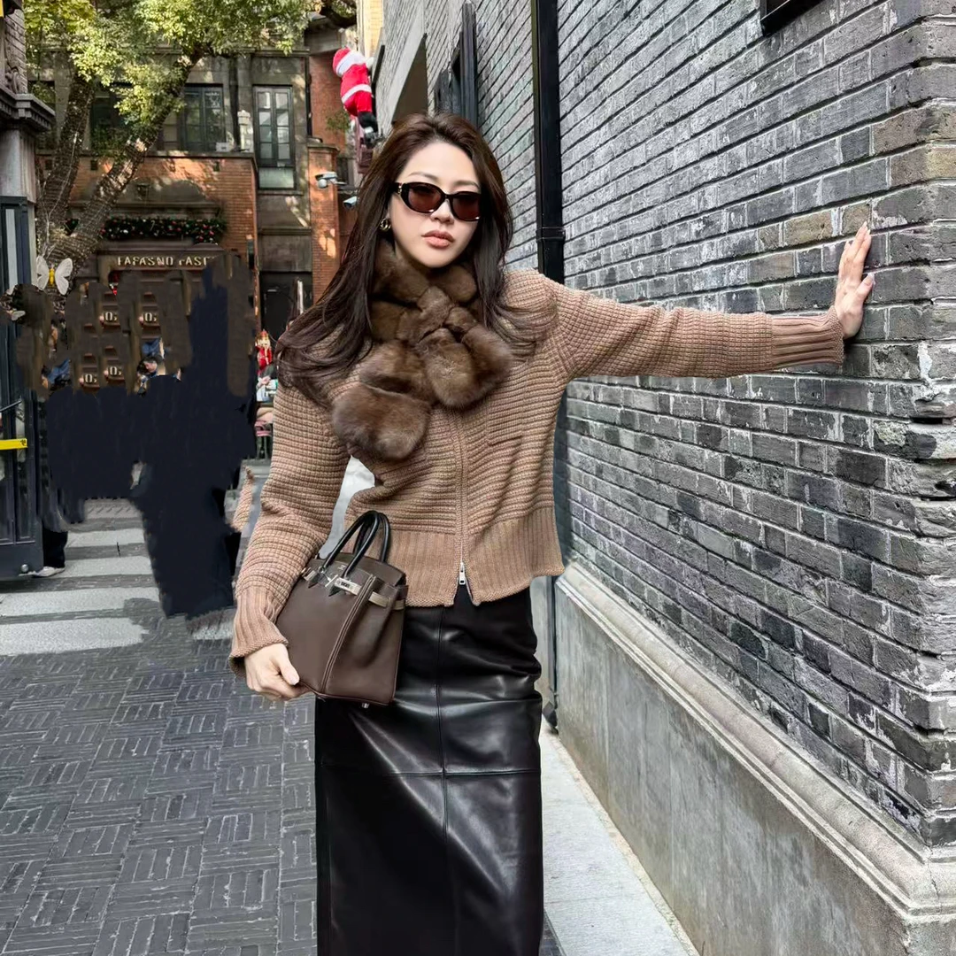 王嬛嬛MsLime新【淡雪】羊绒绵羊毛桑蚕丝拉链外套 HD2D0136