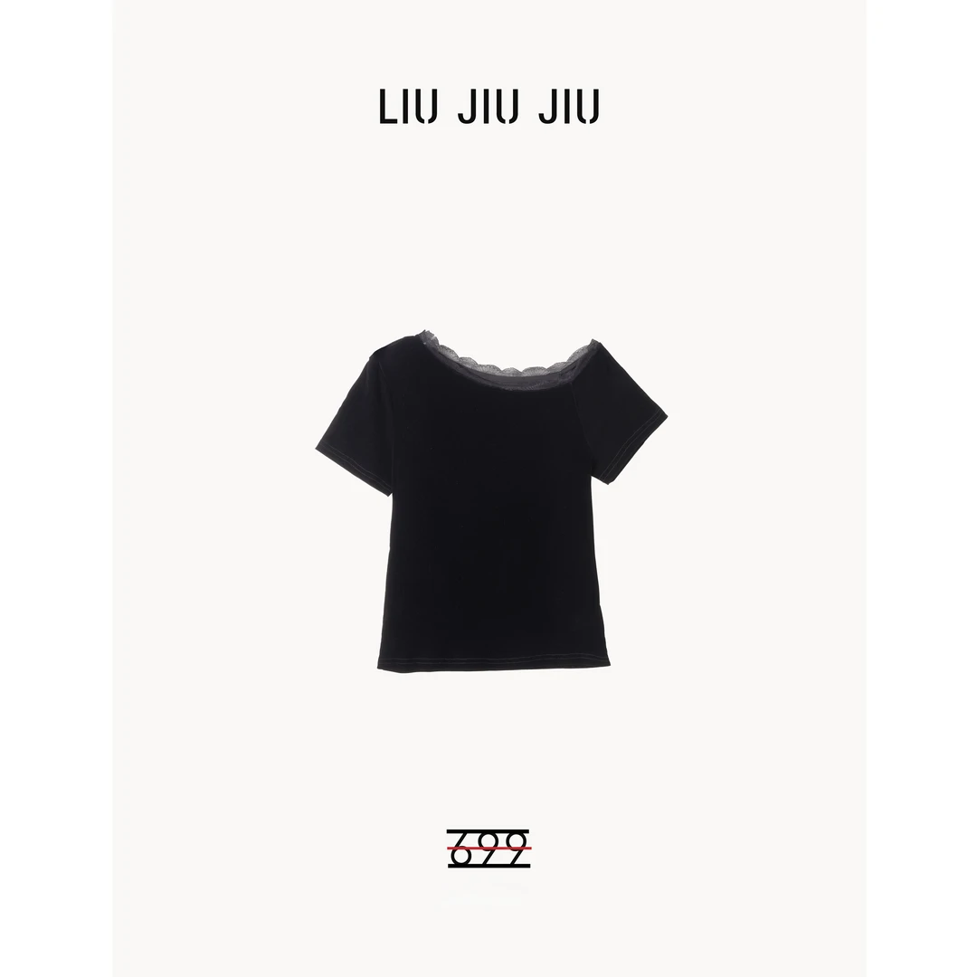 LIUJIUJIU 高级感小众斜肩蕾丝设计夏季新款欧货百搭T恤TX4184L