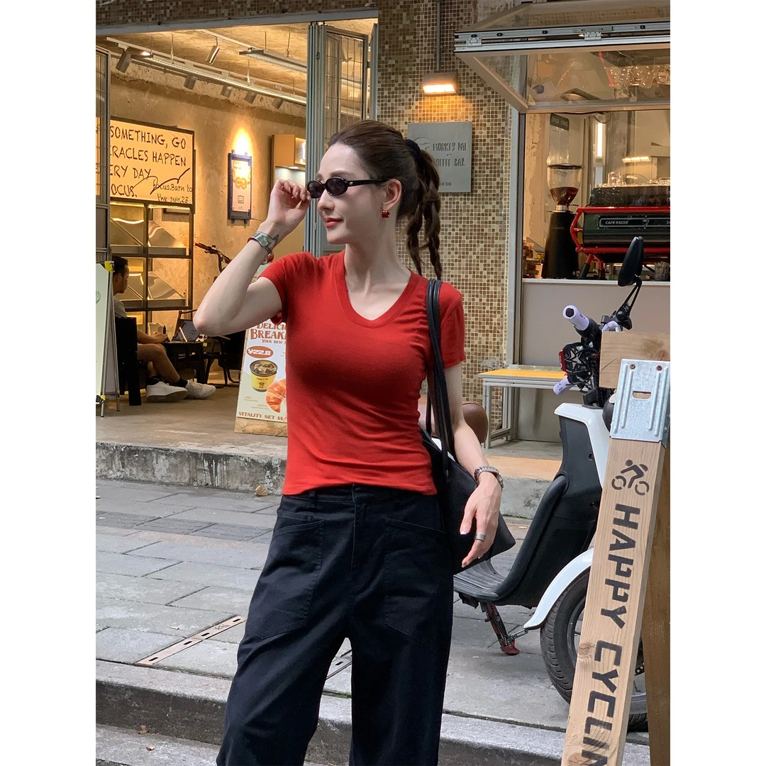 PH《亭亭玉立》夏季百搭莱赛尔羊毛天鹅颈开肩时尚休闲短袖T PH1927