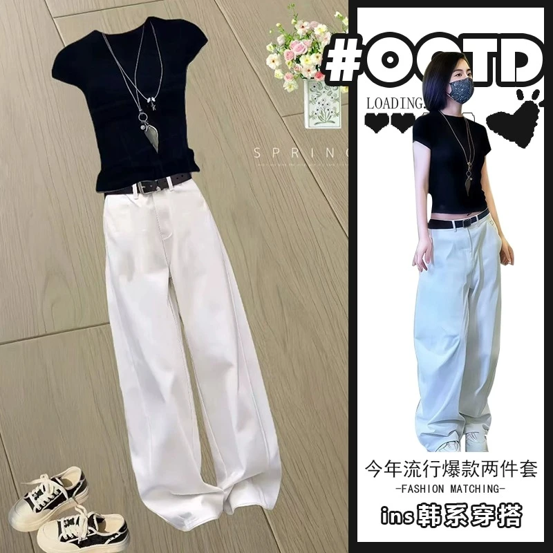 夏季韩式修身黑色短袖上衣高腰显瘦宽松拖地休闲垂感阔腿裤两件套