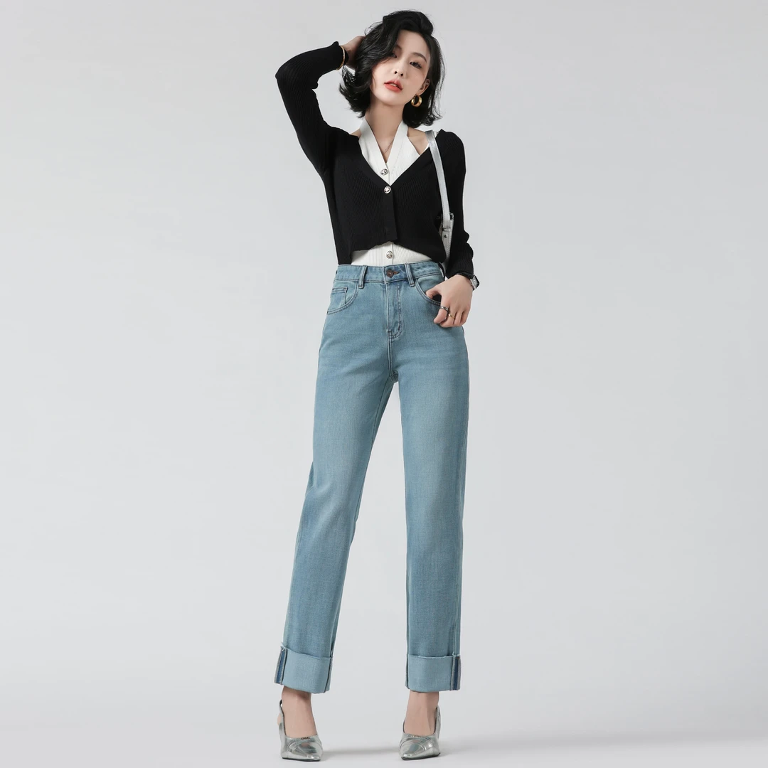 JLIA四面弹-夏季 浅蓝  卷边九分烟管裤- -九分小直筒