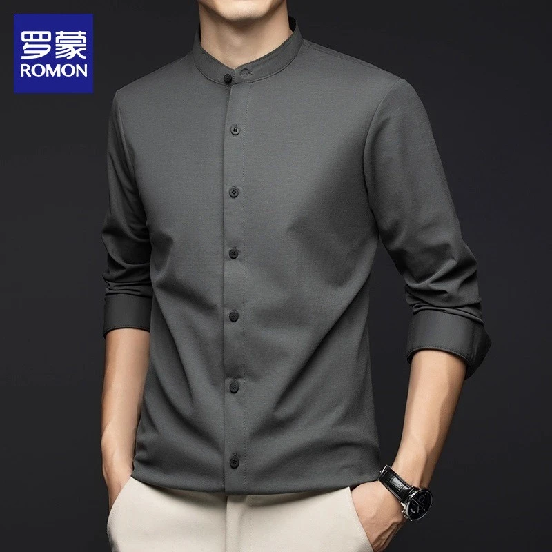 罗蒙男士商务亚麻棉衬衫2025秋季新款潮流立领中山装休闲长袖衬衣
