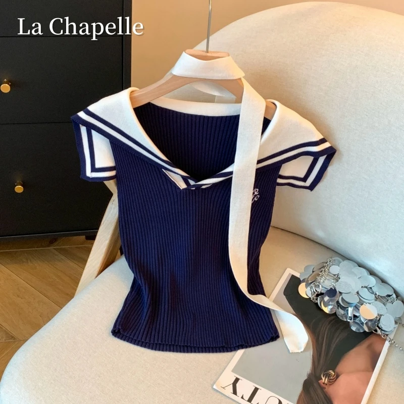 拉夏贝尔美式复古撞色海军领字母刺绣针织背心配飘带无袖背心上衣