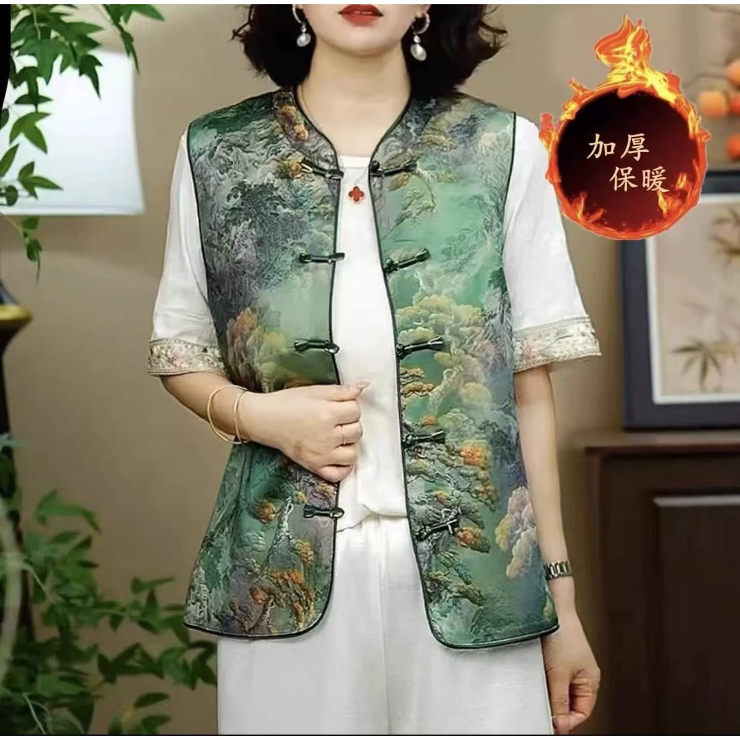 【绿松】新款国风中式加棉加厚女士上衣无袖马甲-202505