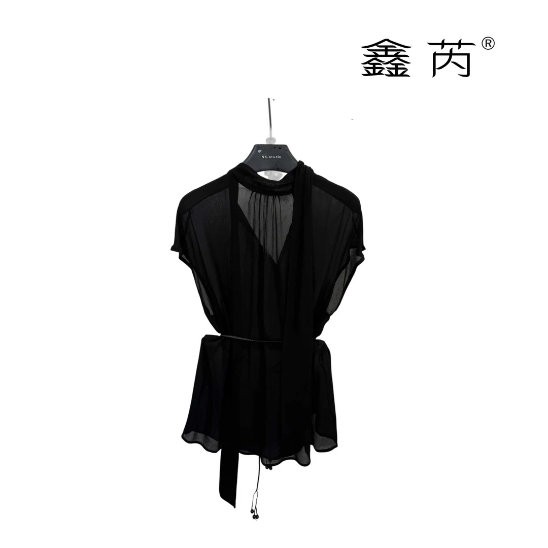 黑色薄纱小飞袖衬衫女夏细带收腰设计感上衣ZB5045