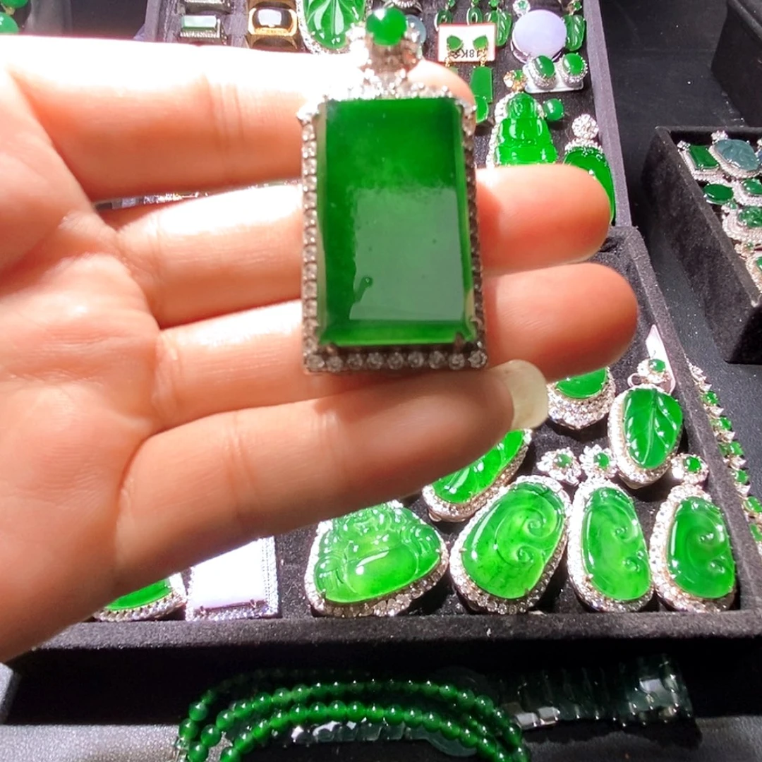 翡翠银S925镶嵌吊坠(不含链)A货翡翠23