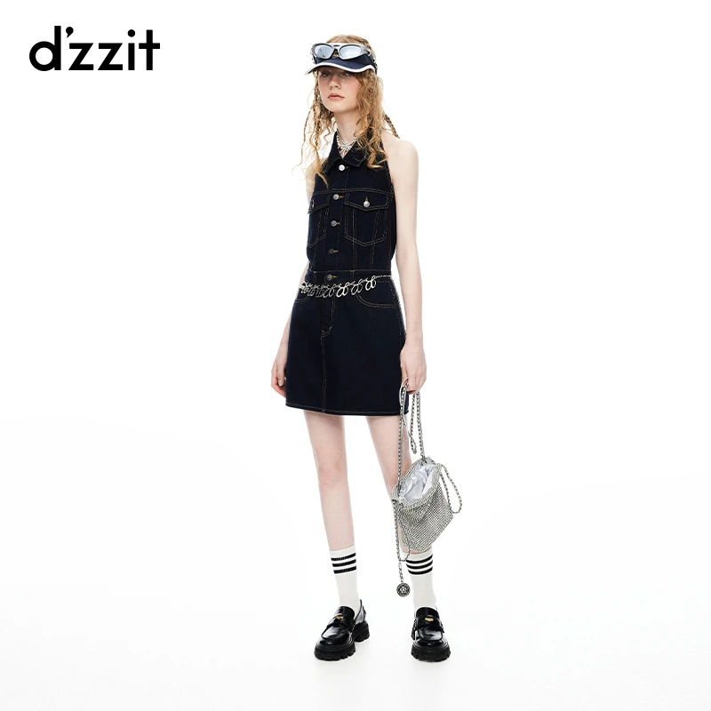 【DZ】dzzit地素连衣裙夏季摩登深蓝色挂脖牛仔裙3I2RE04