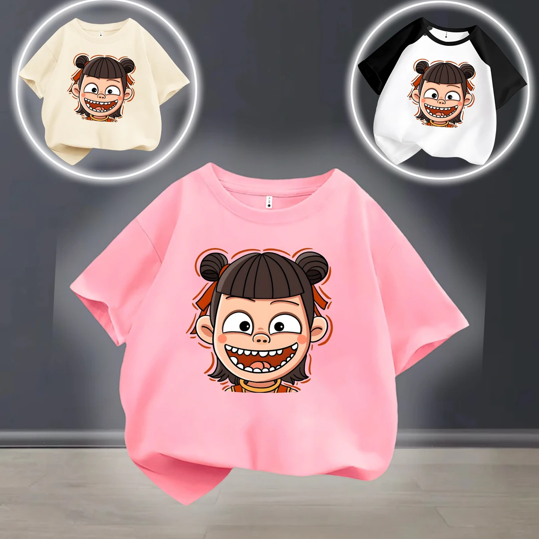 开心小哪吒  趣味文字喜居麦亲子儿童圆领百搭纯棉短袖T恤夏季