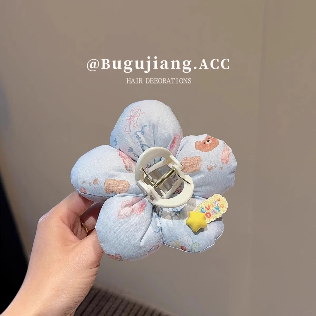 布谷酱韩国设计师款蓝印花立体花朵抓夹小众鲨鱼夹春夏个性抓发夹