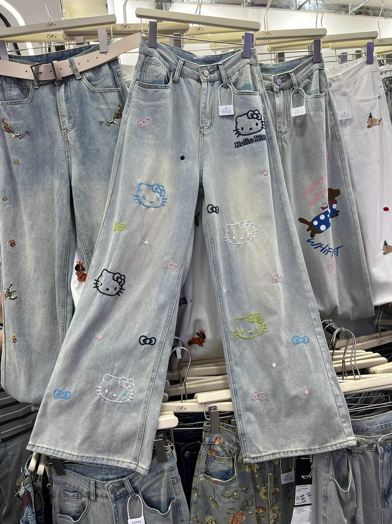 网红春秋款刺绣卡通kt猫咪牛仔裤女浅色水洗高腰宽松阔腿拖地裤