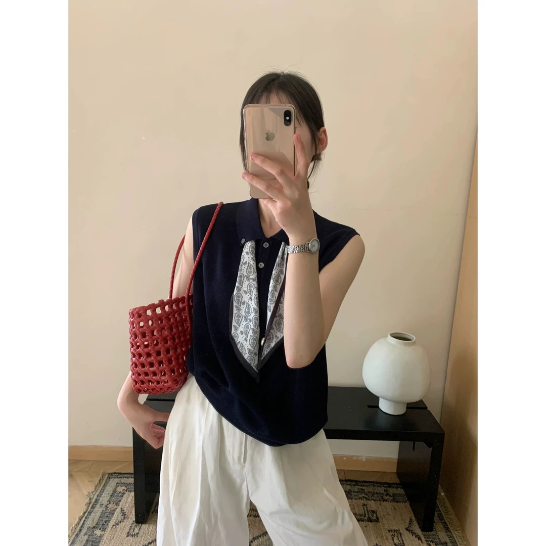 无袖常规千金风常规款假两件T恤短款百搭宽松v领显瘦背心