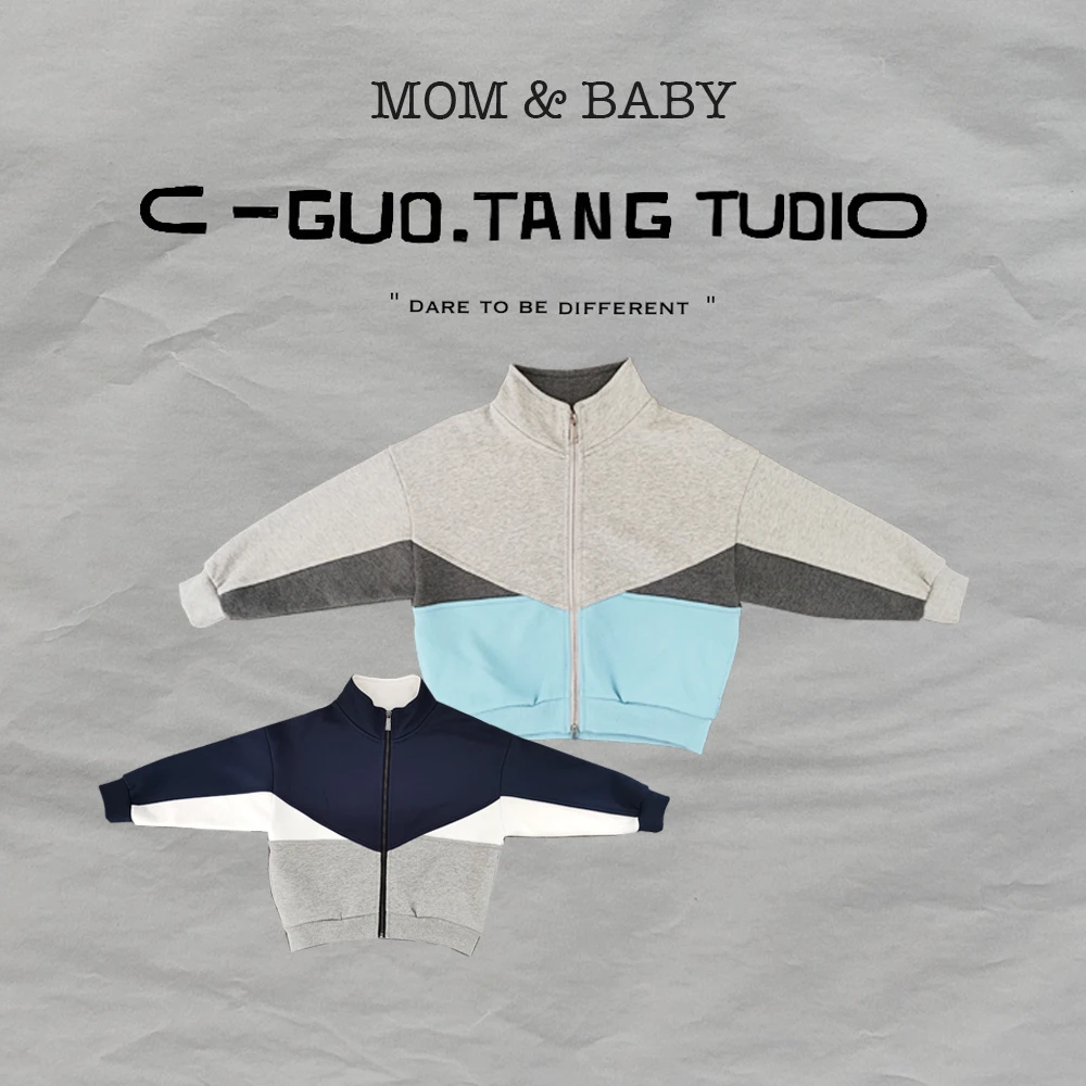 C-Guo.Tang Studio亲子拼色复古系洋气潮范毛圈中大童卫衣外套