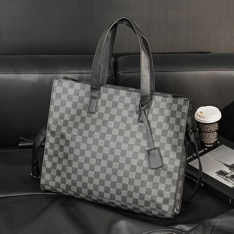 秋季新款男士格子手提包日常休闲单肩包男款托特包个性文件包斜挎