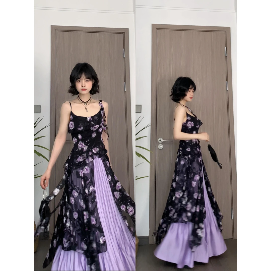 不规则设计感碎花绝美吊带连衣裙女高腰显瘦百褶半身裙套装夏季