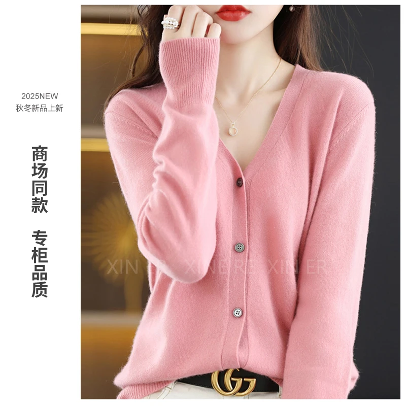 【商场经典新款】精纺100%纯羊毛v领开衫百搭休闲宽松针织外套女