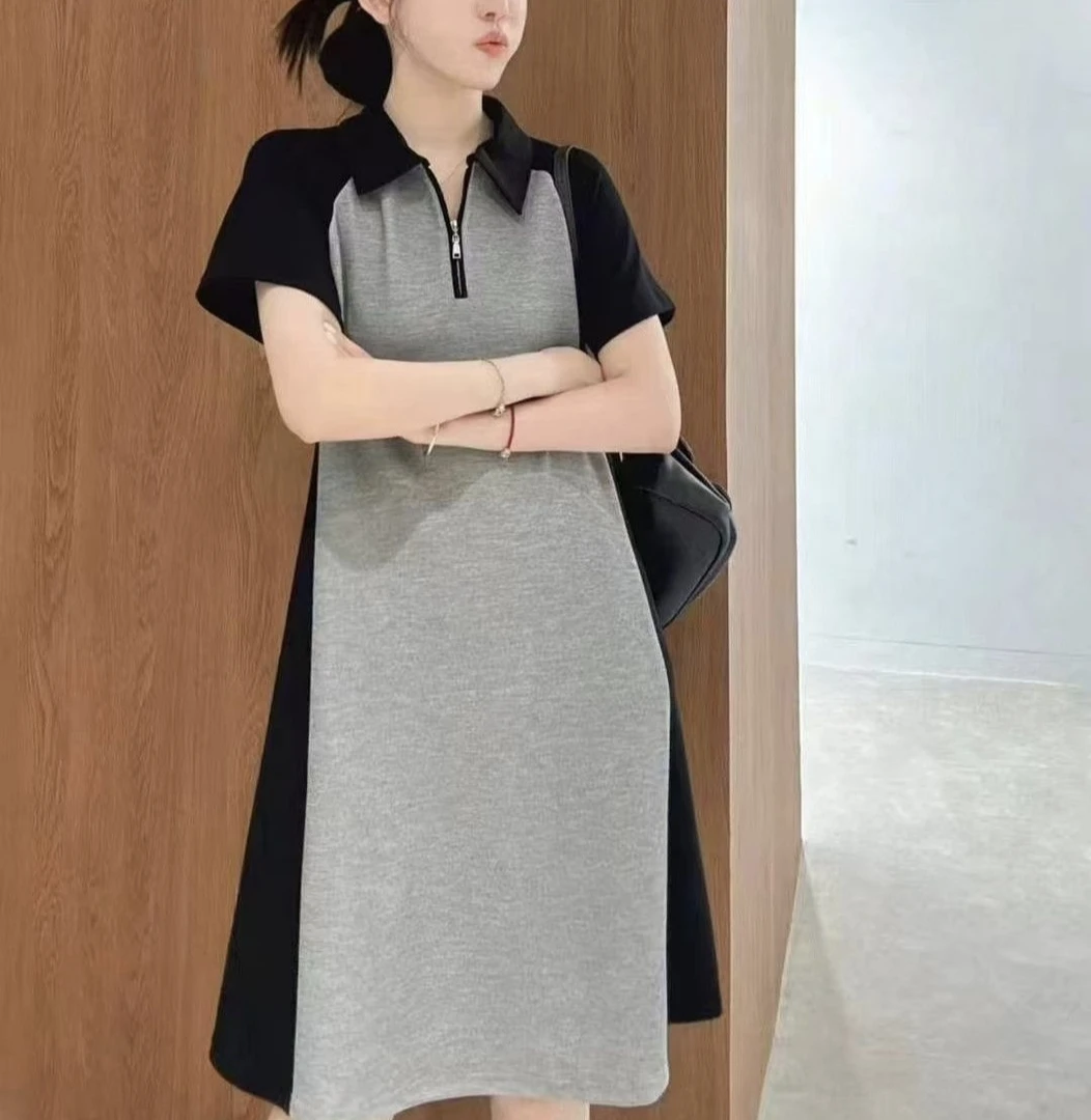 撞色拼接翻领短袖修身显瘦柔软弹力中长款夏季连衣裙