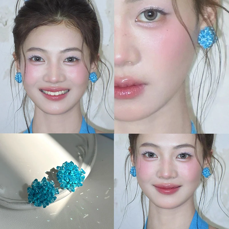 足银玻璃耳饰 银针琉璃米珠花朵花簇耳环气质轻奢百搭耳钉小众设